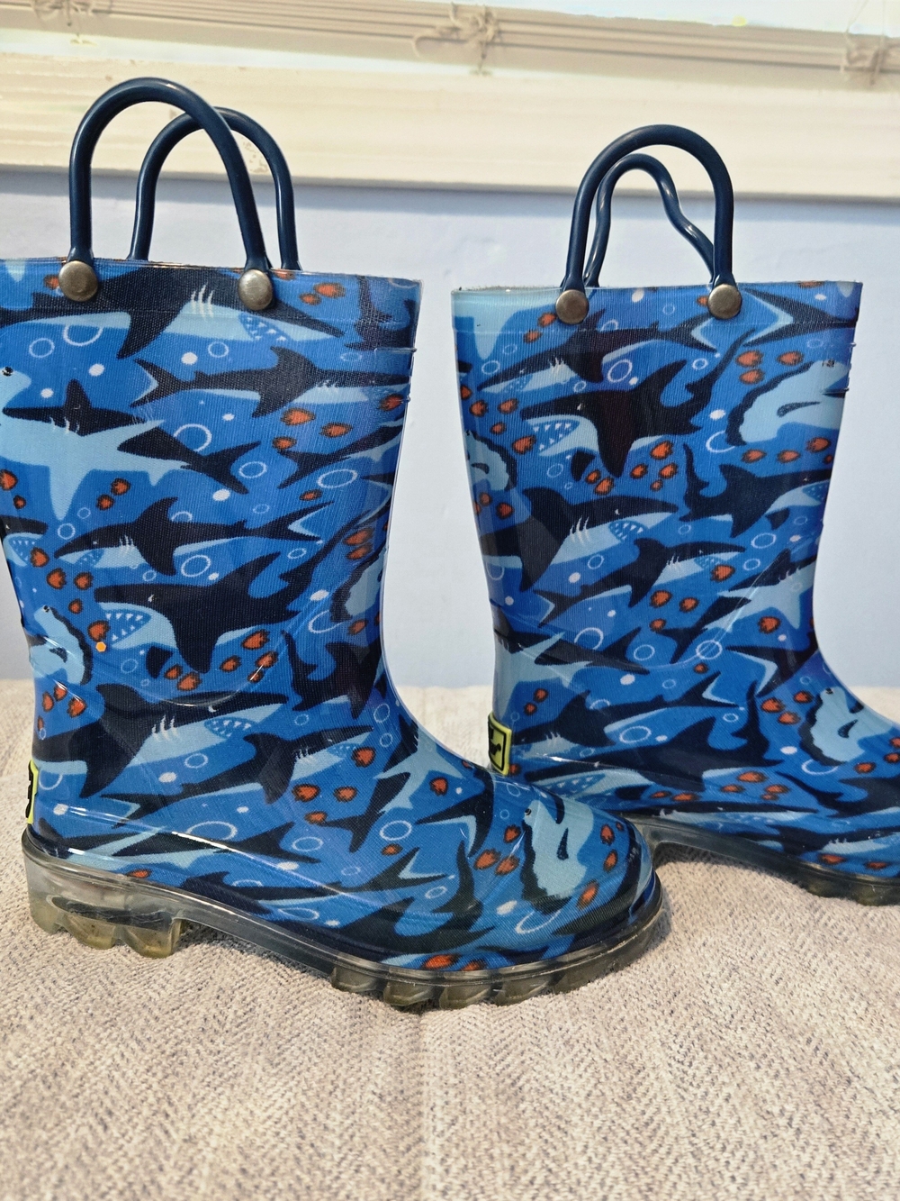 Western Chief Blue Shark Print Light-up Kids Rain Boots with Handles